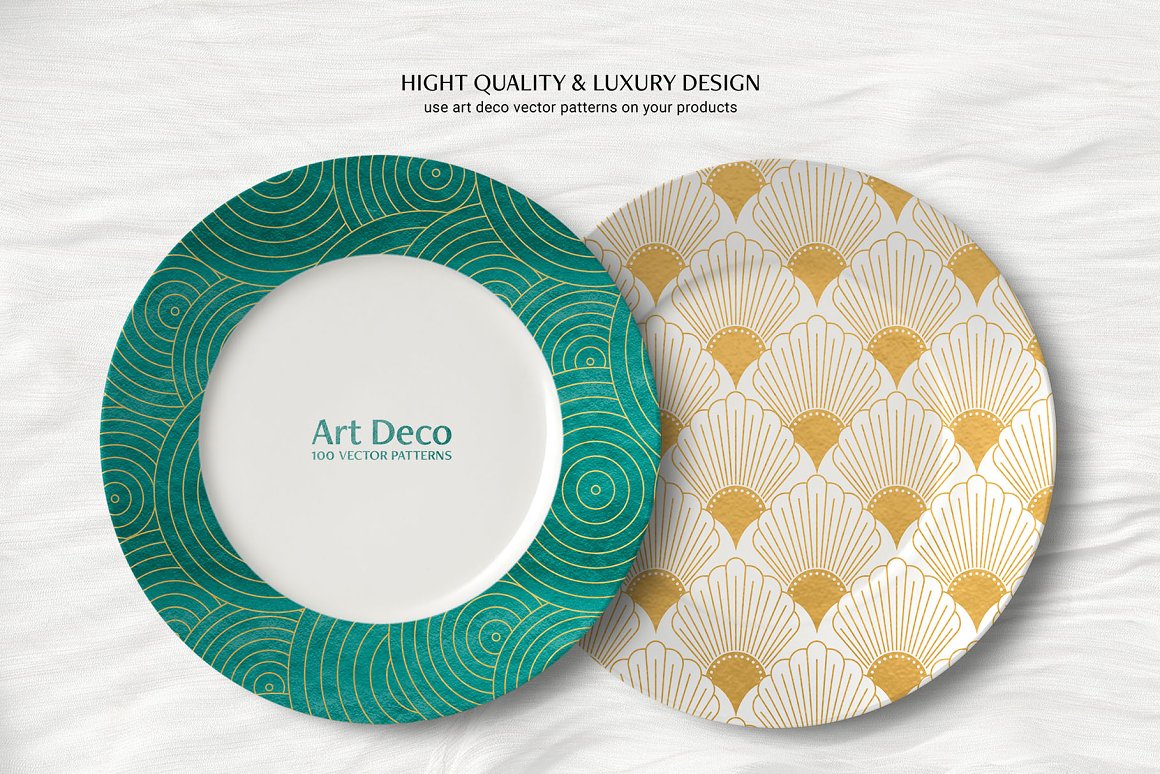 2 art deco patterned plates on a gray background.