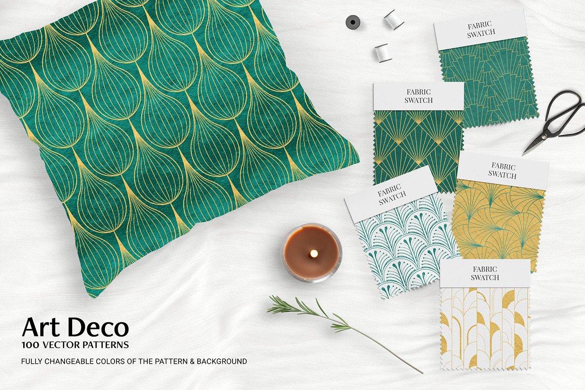 5 different fabric swatches and green pillow with art deco patterns.