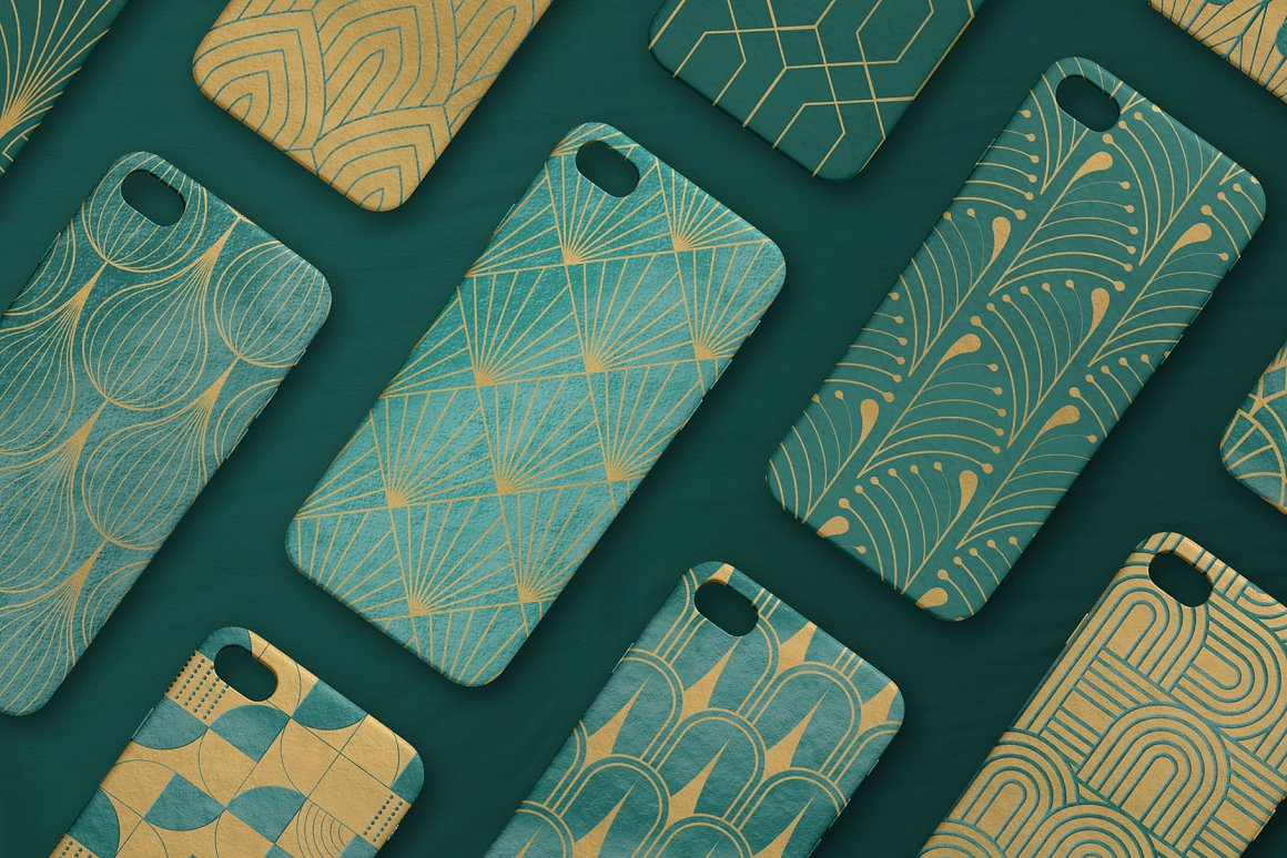 A set of different iphone cases with art deco patterns on a green background.