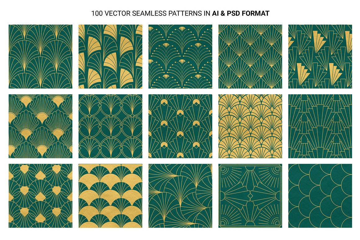 Green and golden bundle of 15 different art deco patterns on a white background.