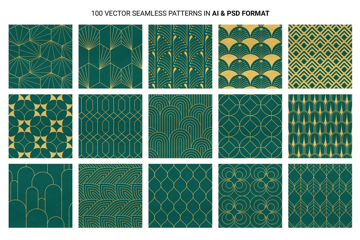 Art deco set of 15 green patterns on a white background.