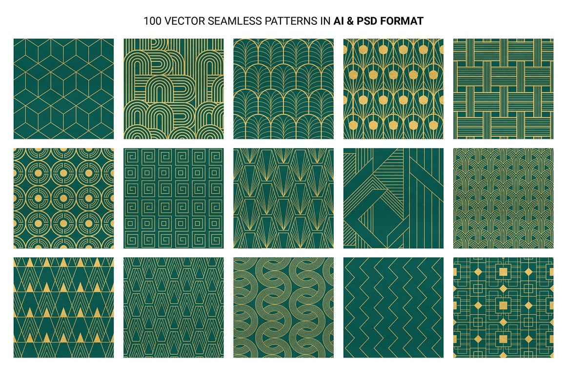 Green cipart of 15 art deco patterns on a white background.
