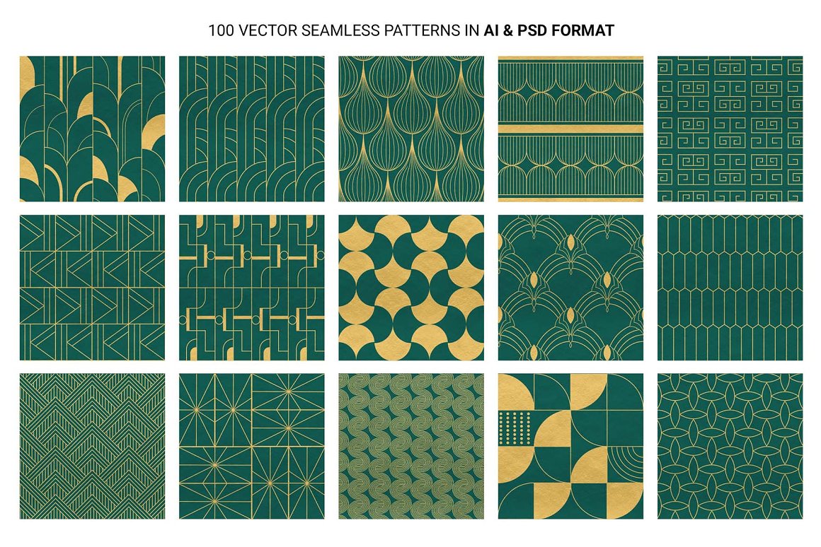 A set of 15 green art deco seamless patterns on a white background.