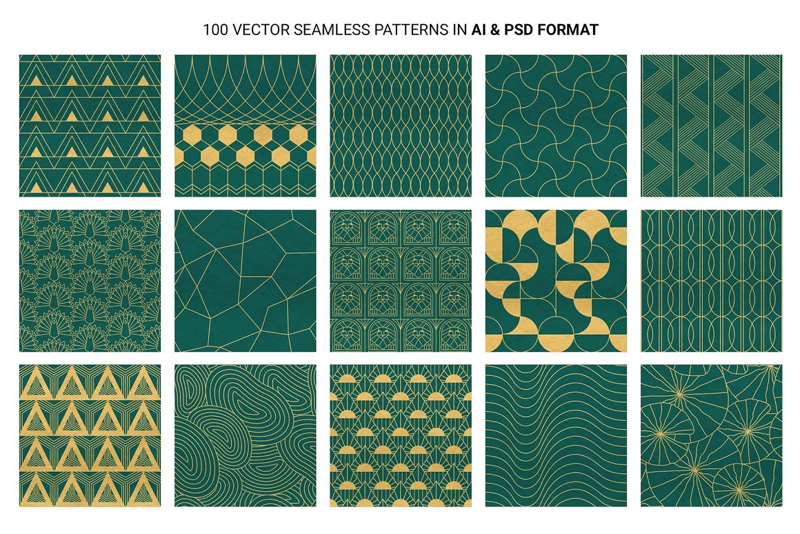 Bundle of 15 different green art deco patterns on a white background.