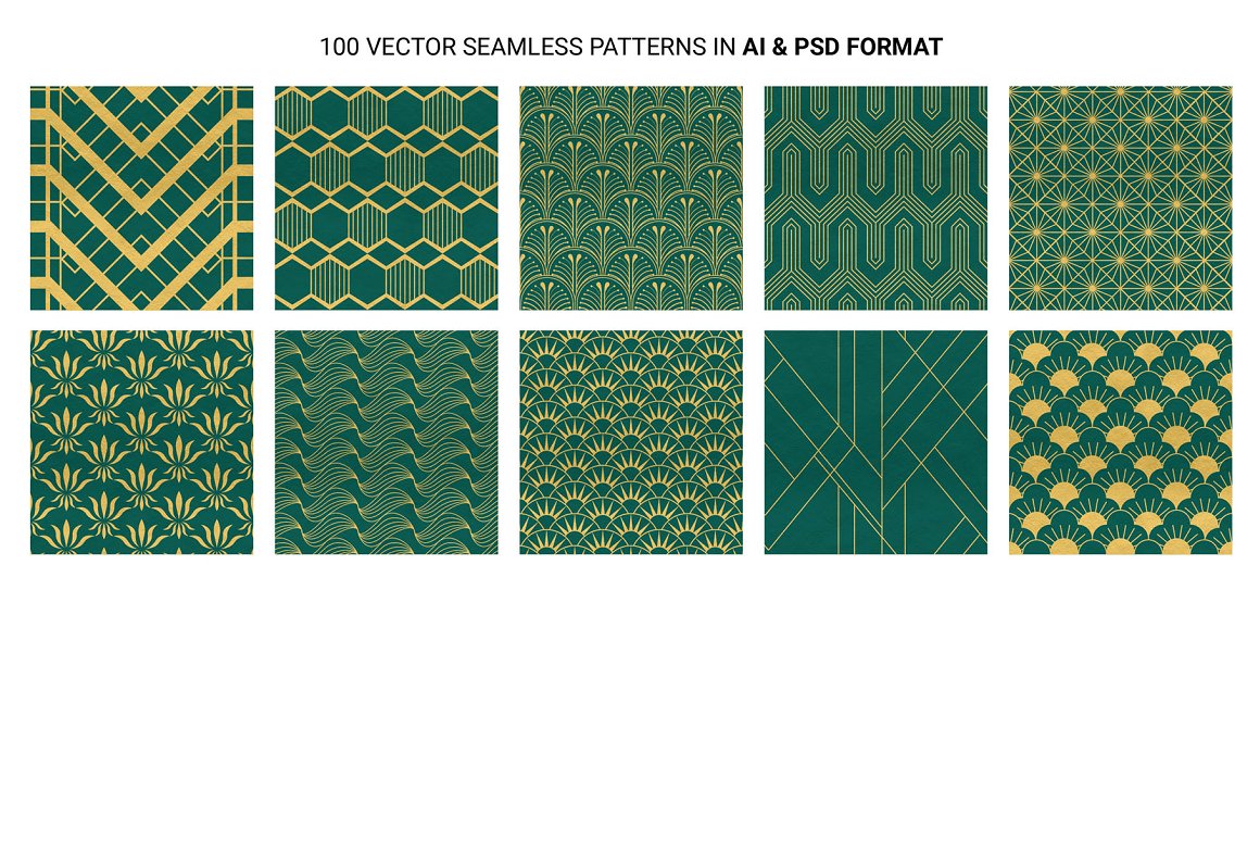 10 different green seamless patterns on a white background.