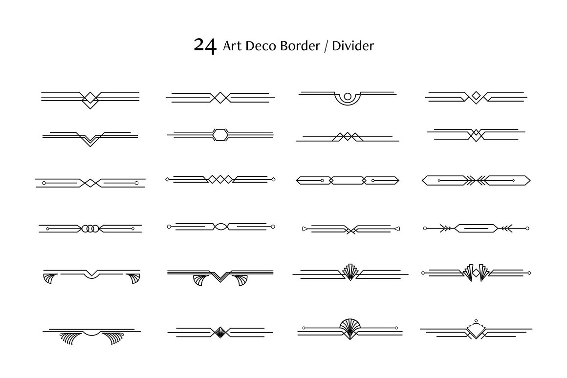 Collection of 24 art deco borders / dividers on a white background.