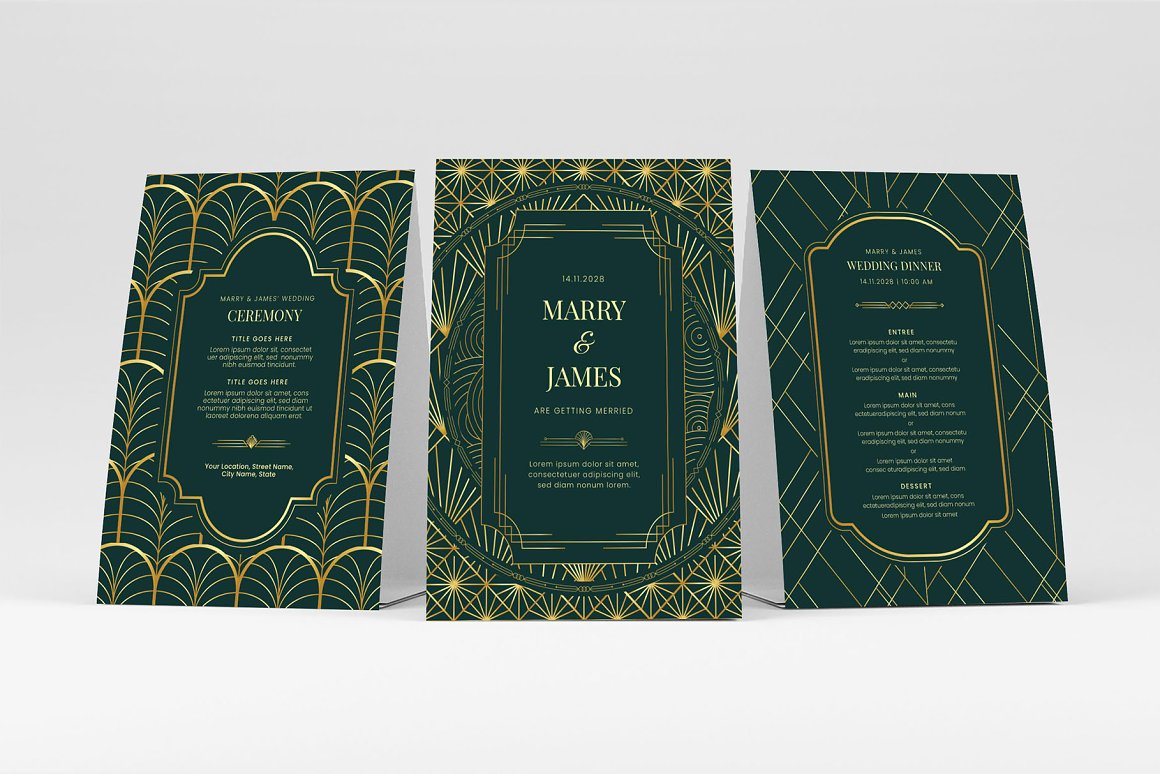 3 green cards with art-deco patterns and lettering.
