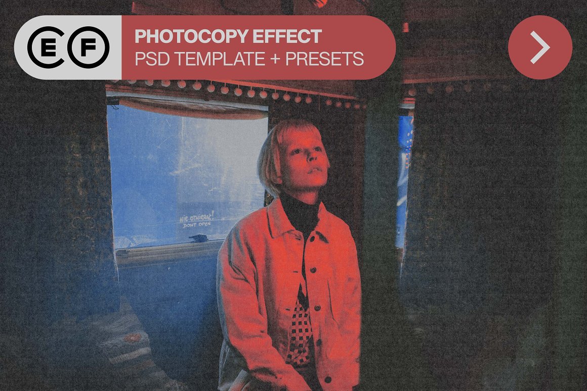 White lettering "Photocopy Effect" on the red frame and image of a girl.