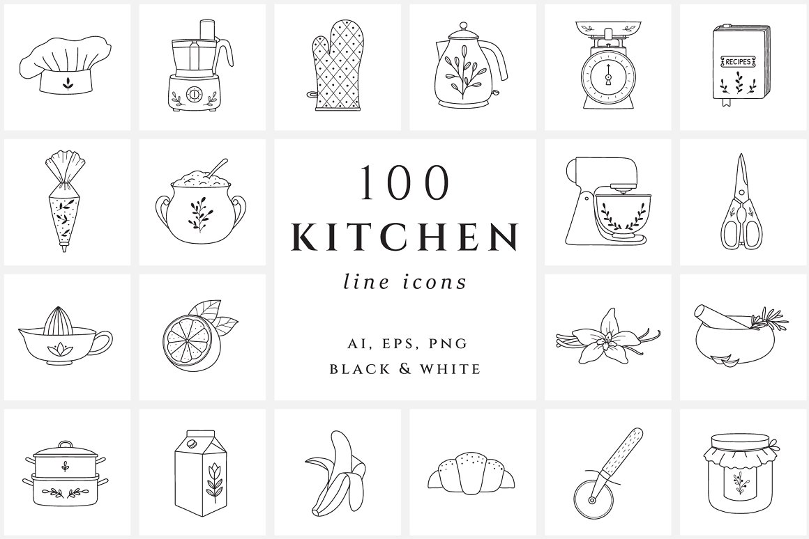Black lettering "100 Kitchen Line Icons" and different black icons on a white background.