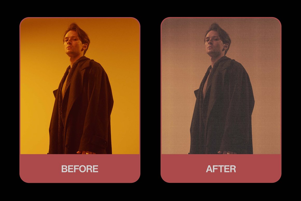 Examples of before and after presets for a photo of a man.