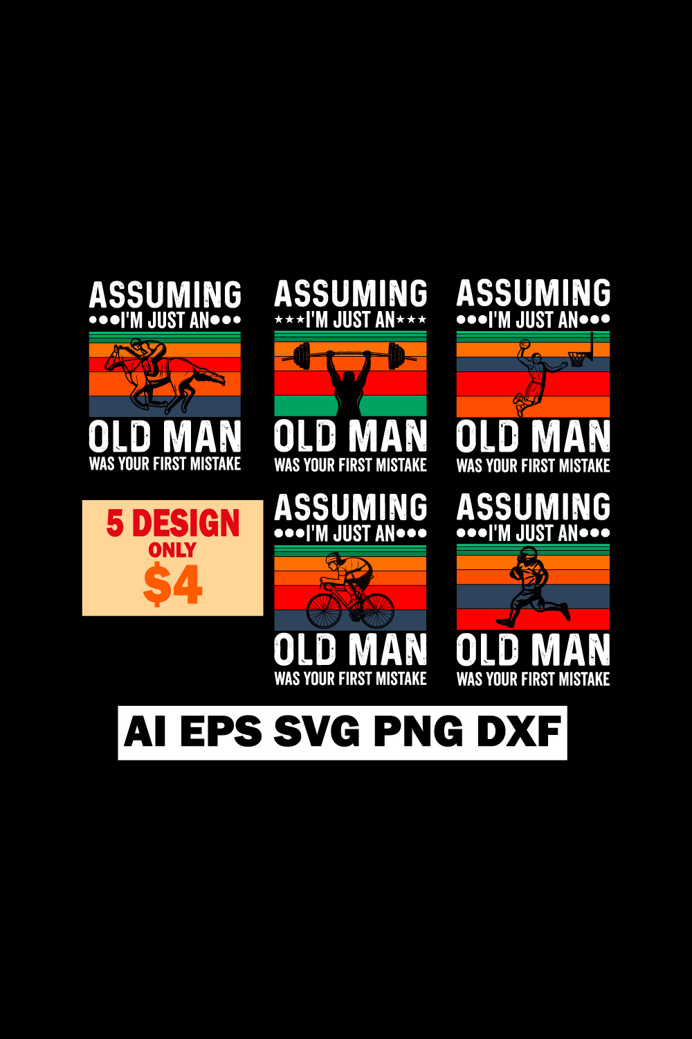 Old Man Vintage T-shirt Design Bundle Pinterest image.