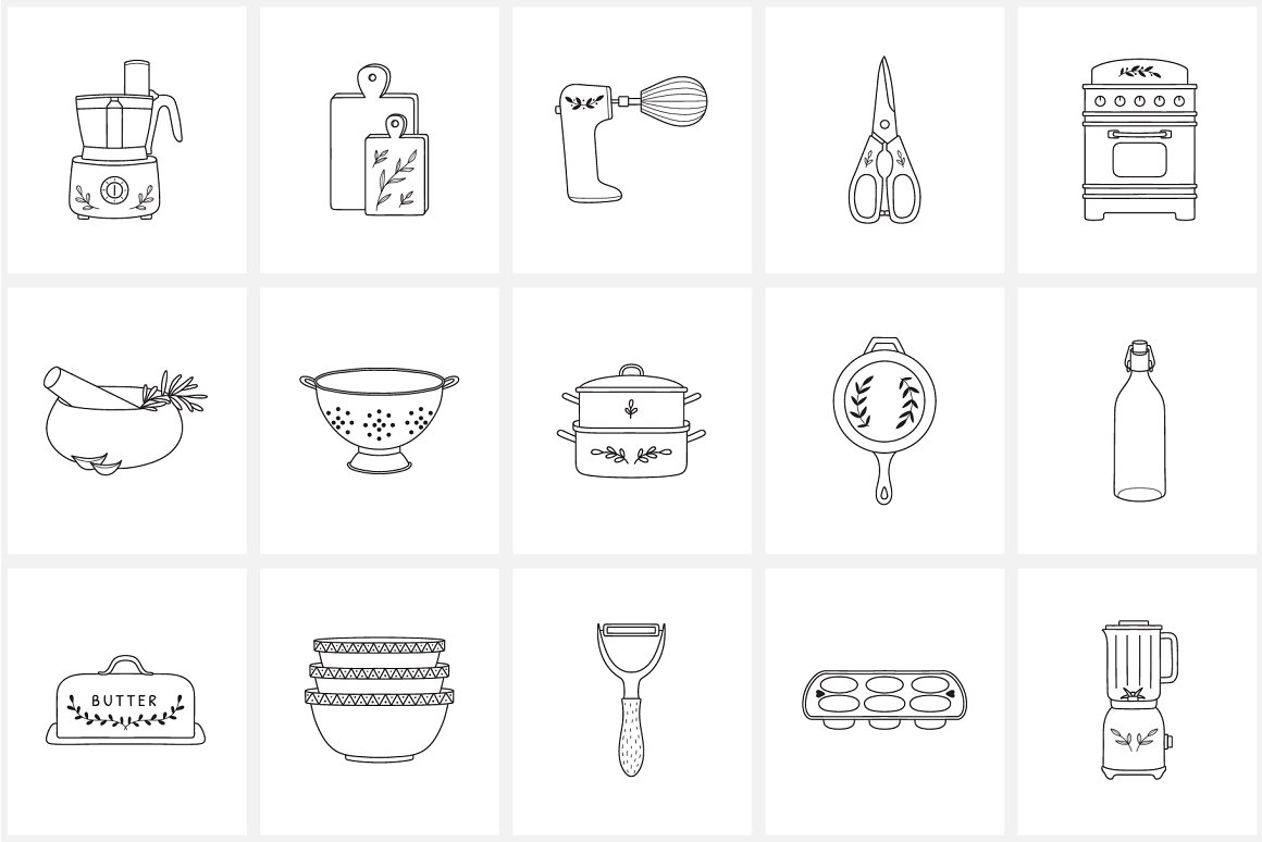 Artboard of 15 different black outline food and cooking icons on a white background.
