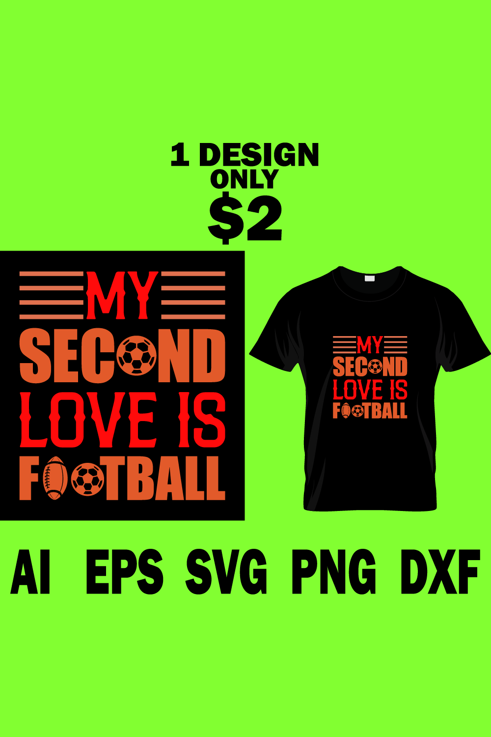 Picture of a black T-shirt with a wonderful inscription My second love is football