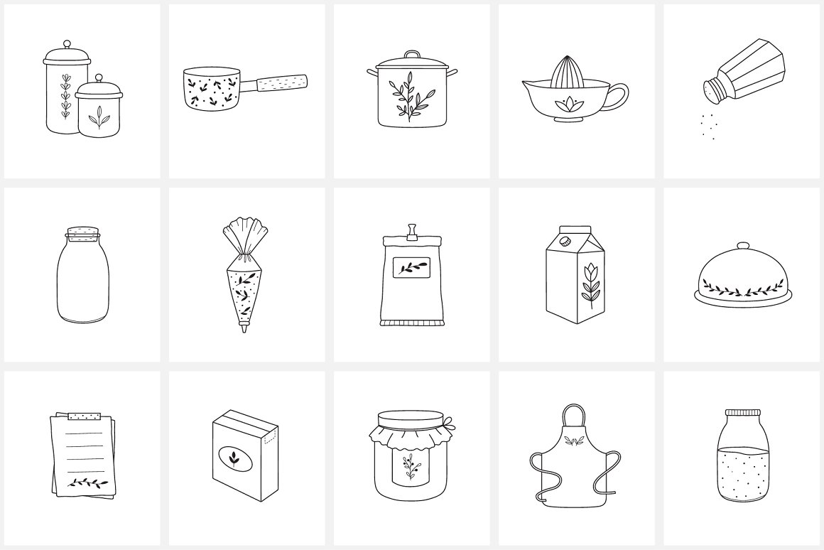 A set of 15 black icons of food and cooking on a white background.