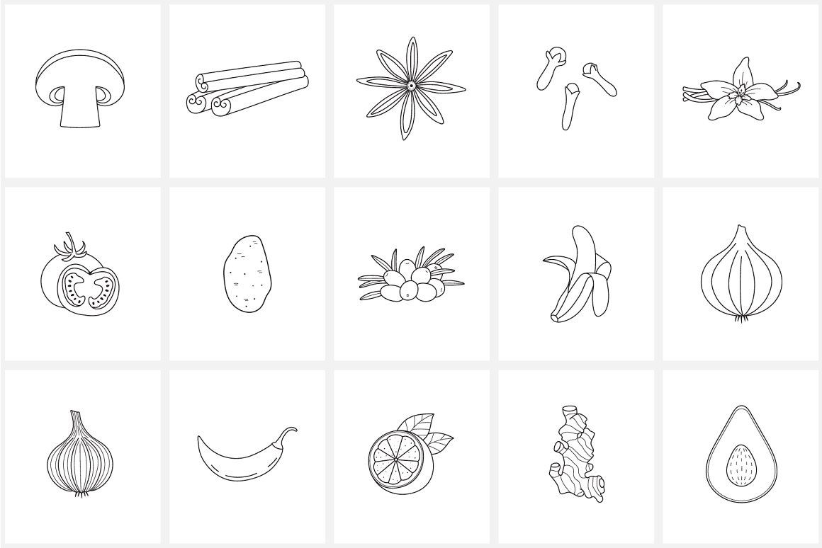 Clipart of 15 different outline food icons on a white background.