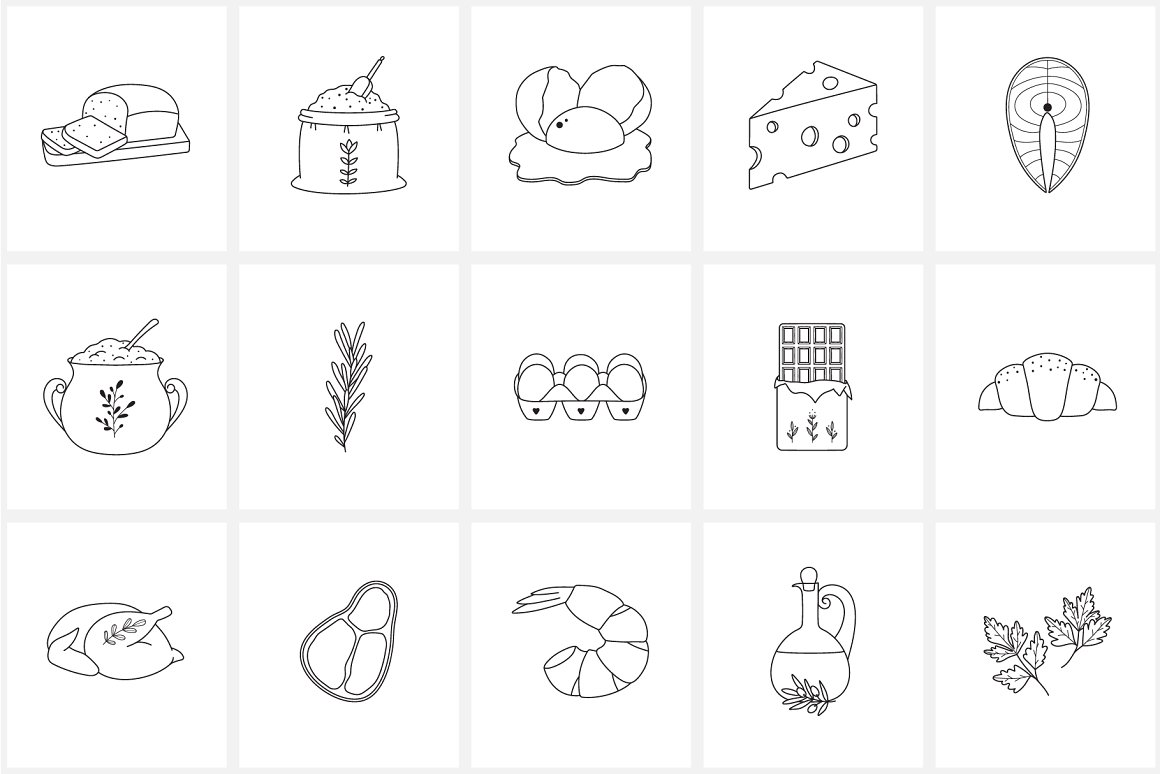 Pack of 15 different black food icons on a white background.