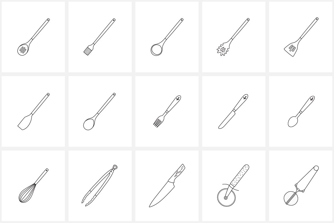 Bundle of 15 different black icons of kitchen appliances on a white background.