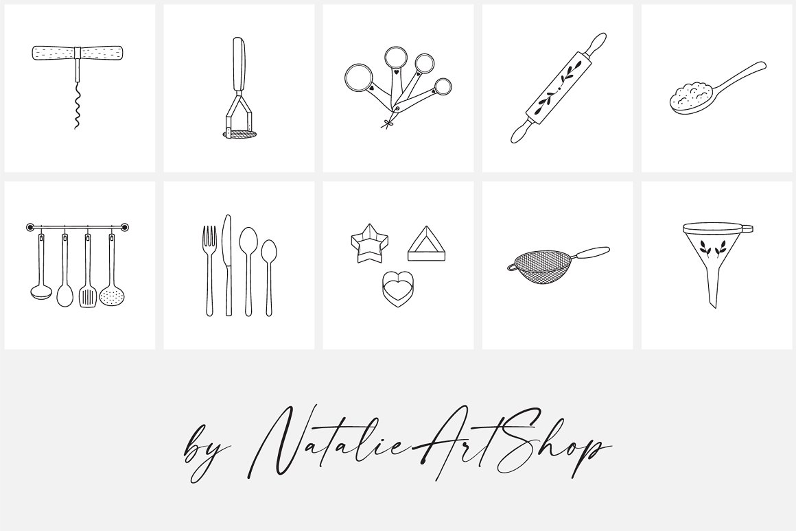Black lettering "By NatalieArtShop" and black set of 10 different icons of food and cooking on a gray background.