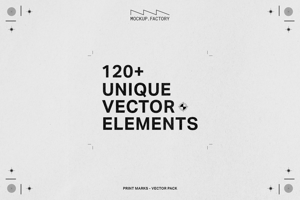 Black lettering "120+ unique vector elements" on a gray background.