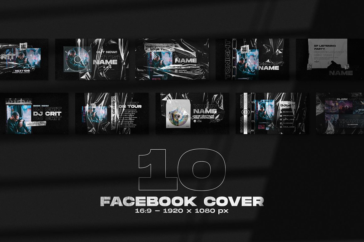 10 different templates of Facebook cover on a dark gray background.