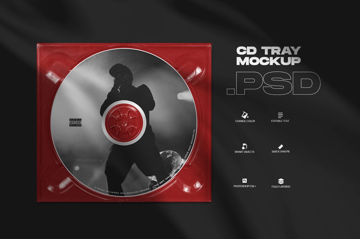 CD tray mockup on a dark gray background.