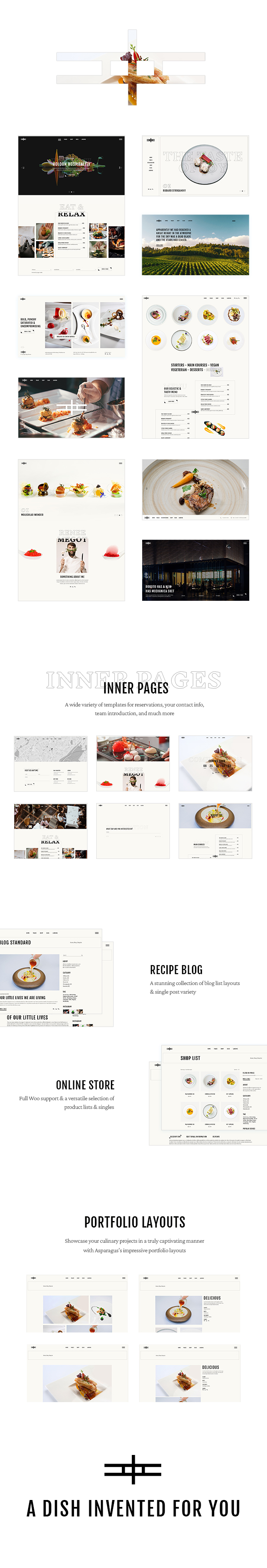A selection of wonderful pages of the restaurant theme WordPress template.