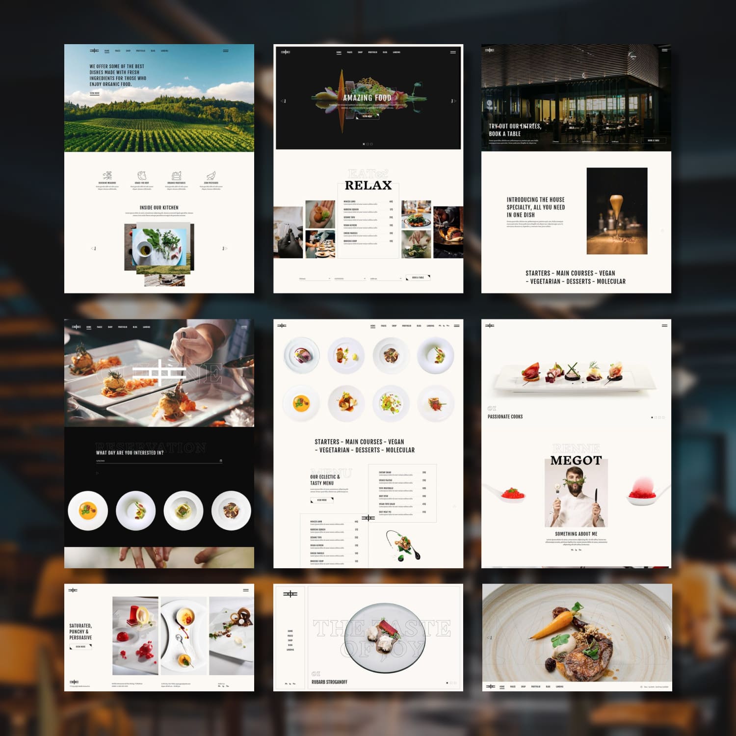 A pack of gorgeous restaurant theme WordPress template pages.