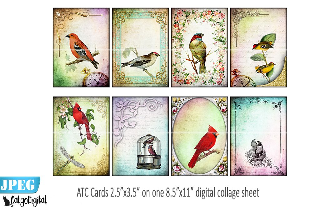 Birds Junk Journal Printable ATC cards Scrapbooking.