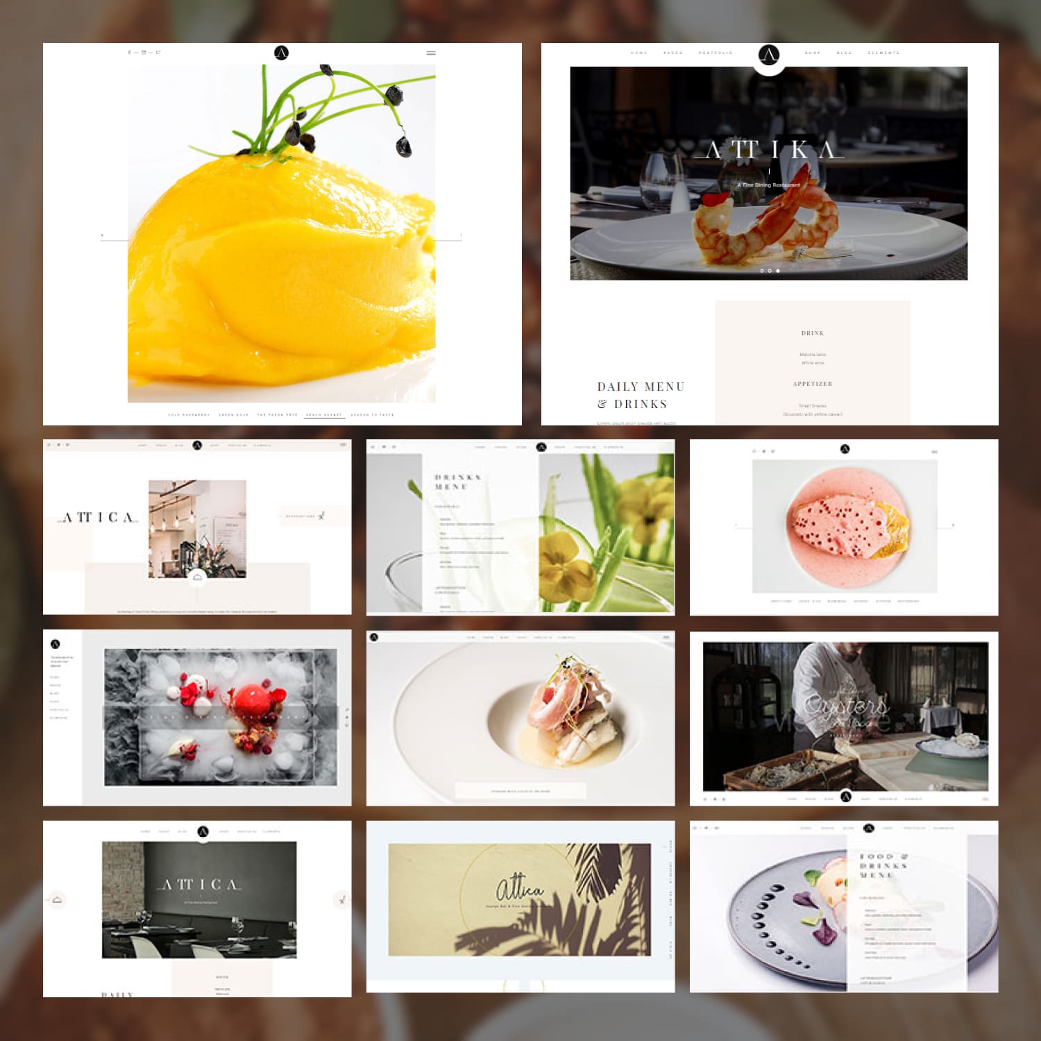 A pack of irresistible images of WordPress pages on a restaurant theme.