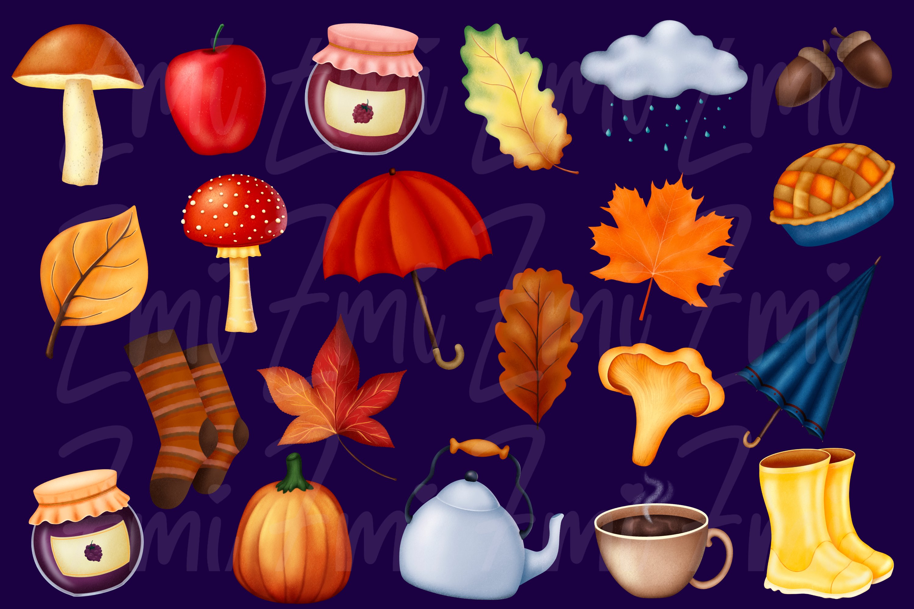 Bundle of different autumn illustrations on a blue background.