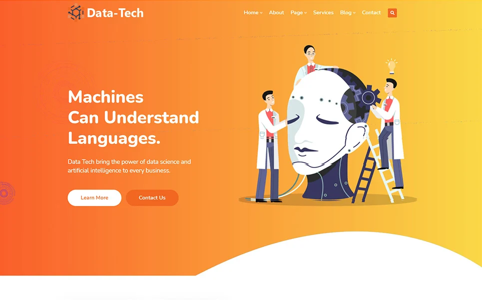 Homepage with orange banner with illustration of people, white lettering and white and orange buttons.