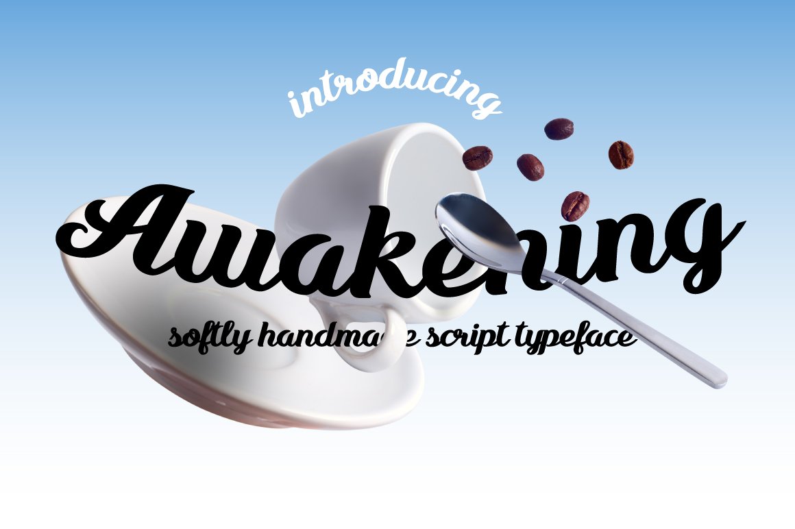 Black lettering "Awakening" on a blue and white background with cup and saucer.