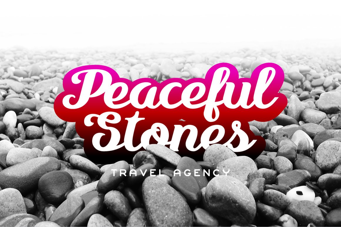 White with gradient stroke lettering "Peaceful Stones" on the background of stones.