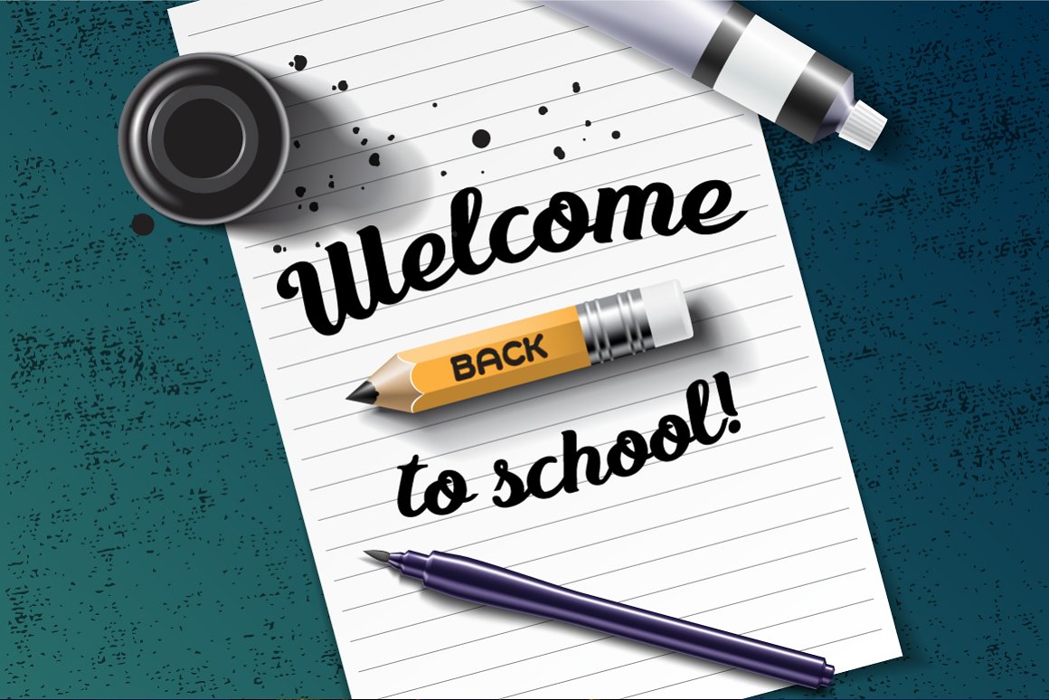 White sheet with lettering "Welcome back to school!" in black calligraphy font.