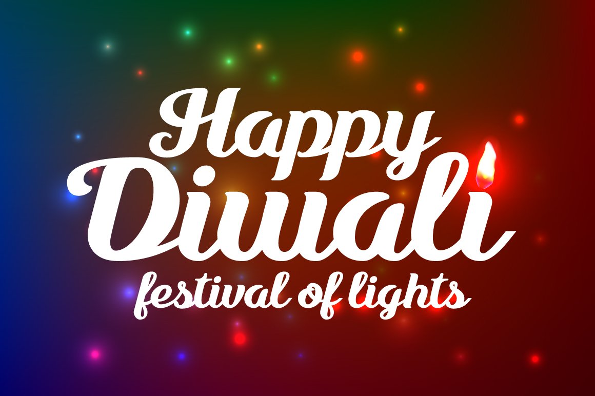 Lettering "Happy Diwali festival of lights" in white script font on a background with lights.