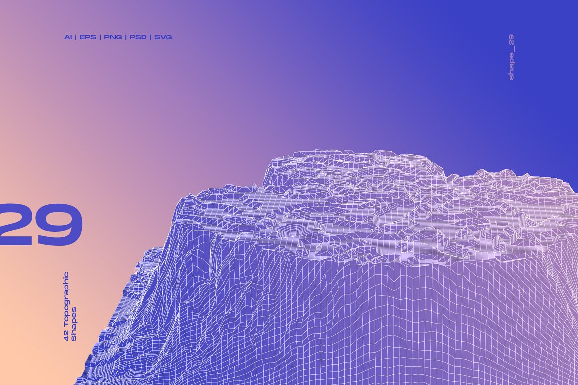 Purple 3d topographic shape on a purple and blue gradient background.