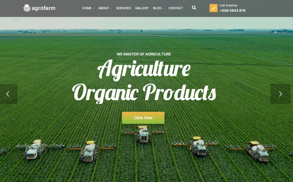 Banner with white lettering "Agriculture Organic Products" and green gradient button.