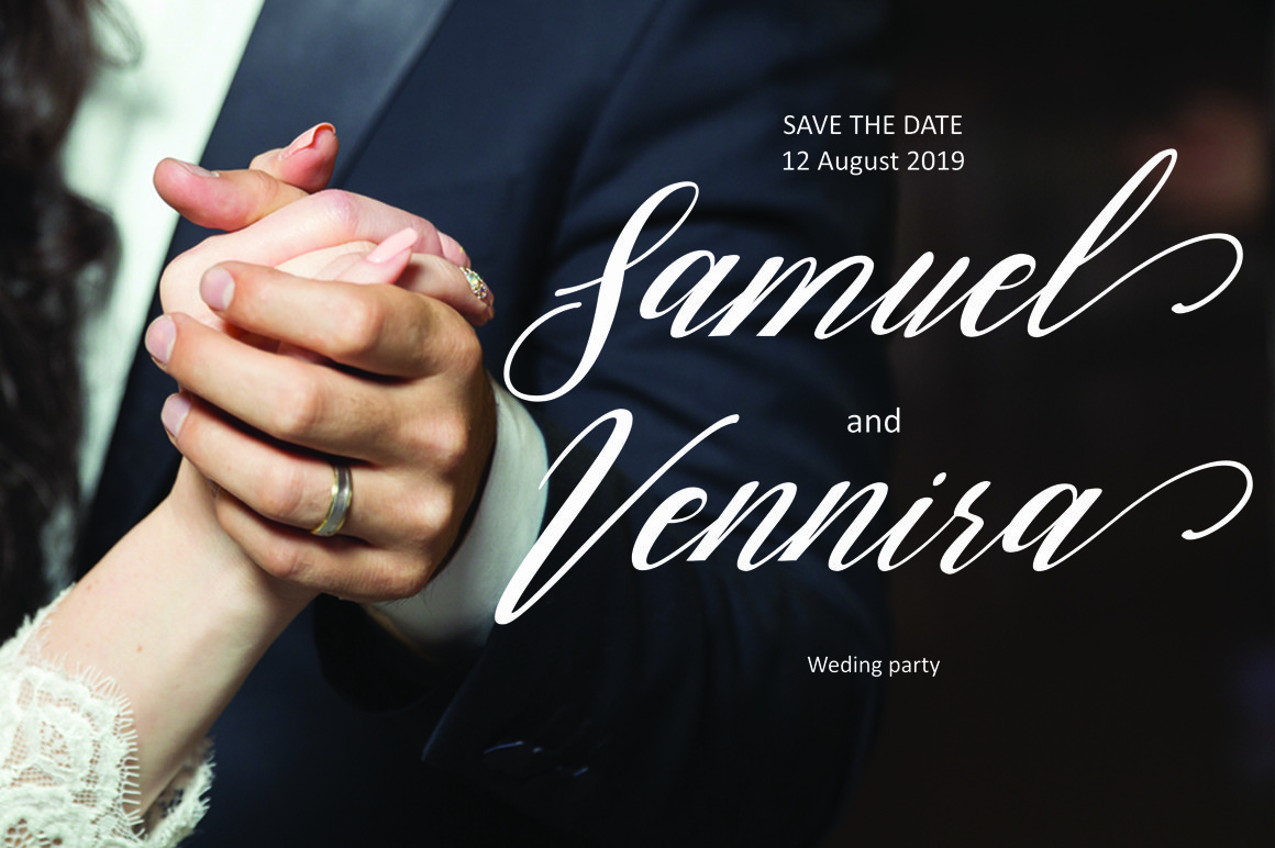 White lettering "Samuel an Vennira" on the photo of a married couple.