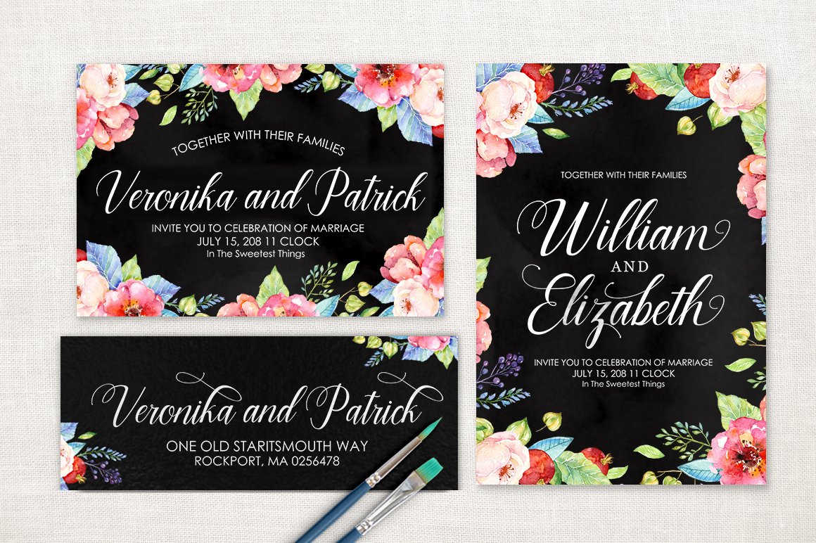Black invitaion card in different size with white lettering and flower illustrations.
