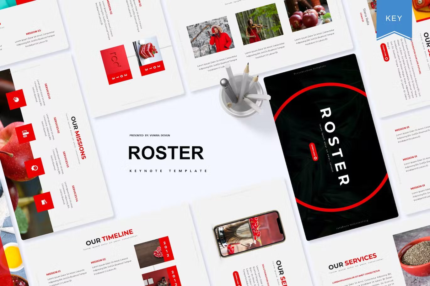 Black lettering "Roster Keynote Template" and different templates on a gray background.