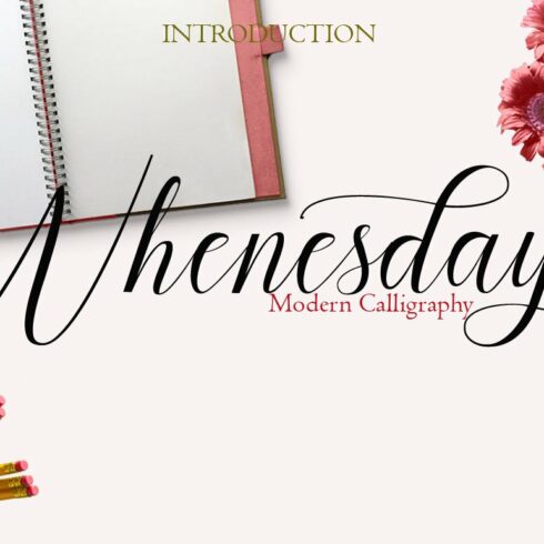 Black calligraphy lettering "Whenesday" on a gray background with different products.