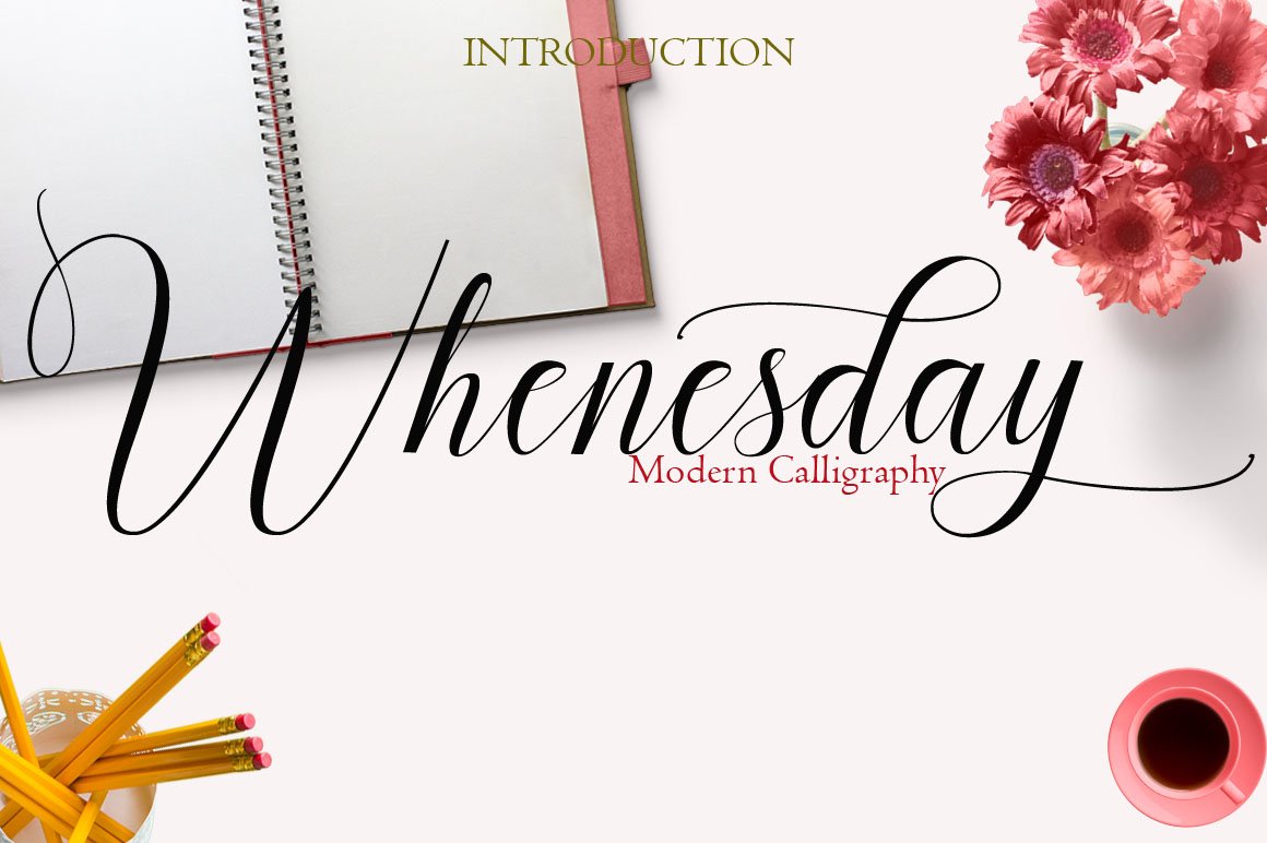 Black calligraphy lettering "Whenesday" on a gray background with different products.