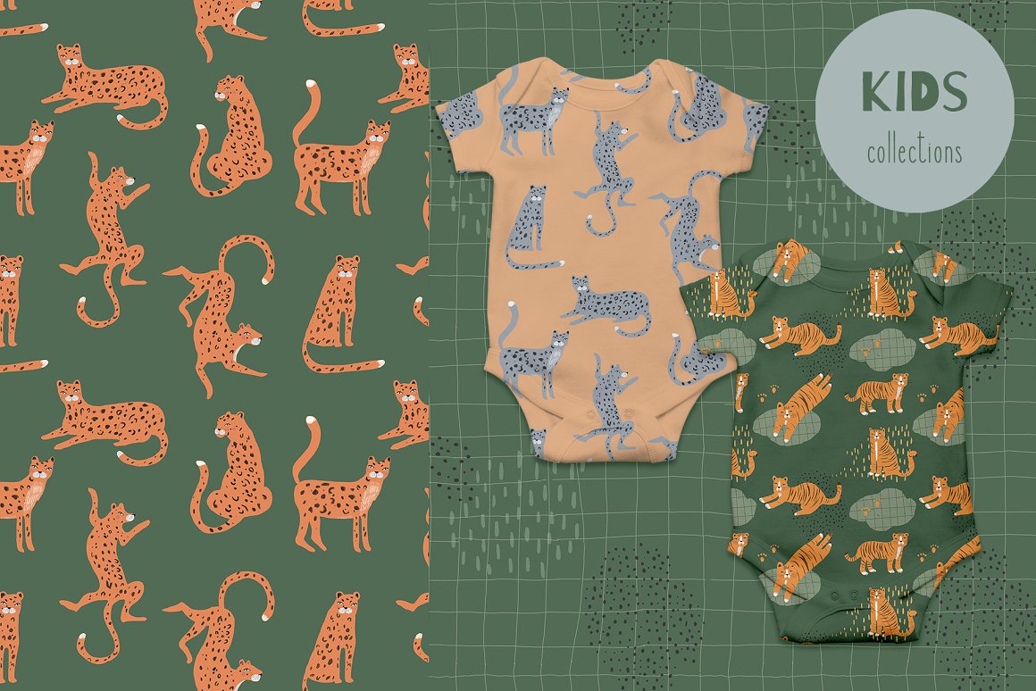 Beige and green baby bodysuit with patterns of wild animals on a green background.