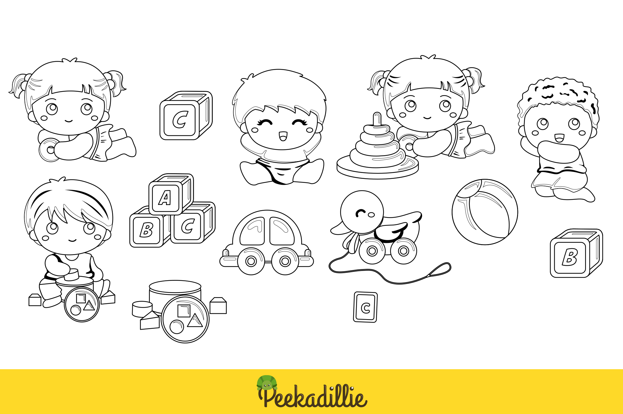 Diverse of babies and their toys in an outline.