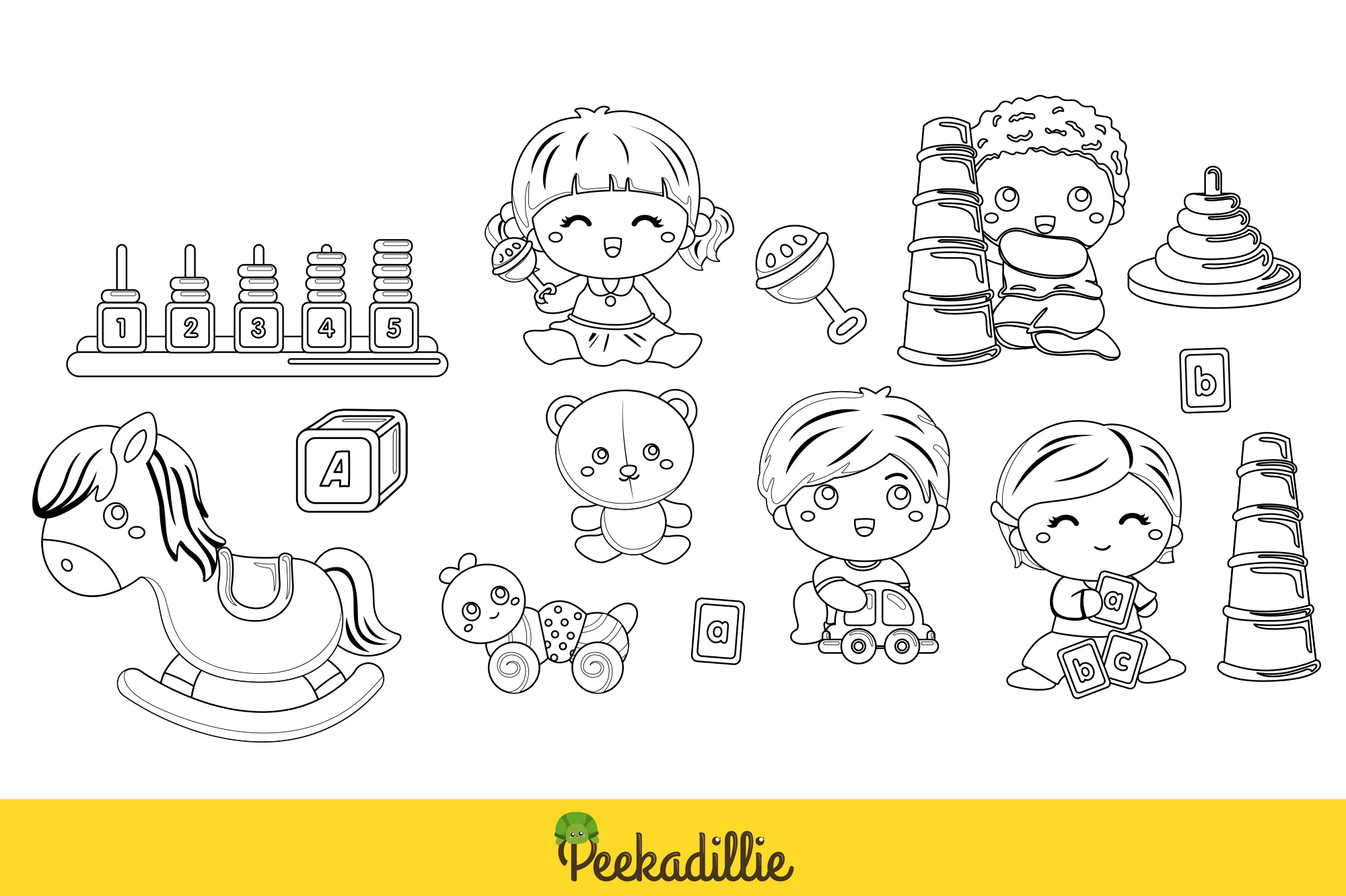 Baby and toys in an outline style.