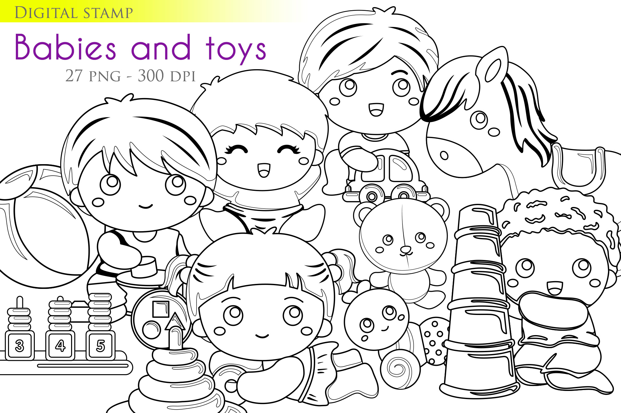So cute outline babies with toys.