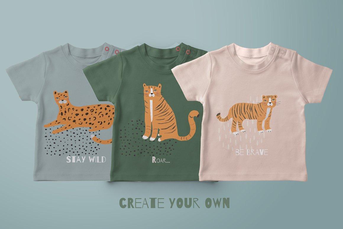 A set of baby gray, green and pink t-shirts with illustrations of wild animals and white lettering on a gray background.