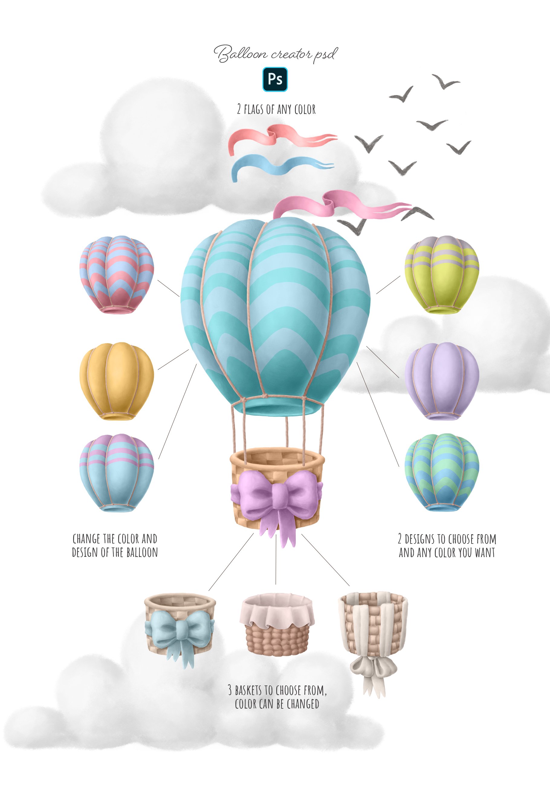 Diverse of elements to create a balloon.