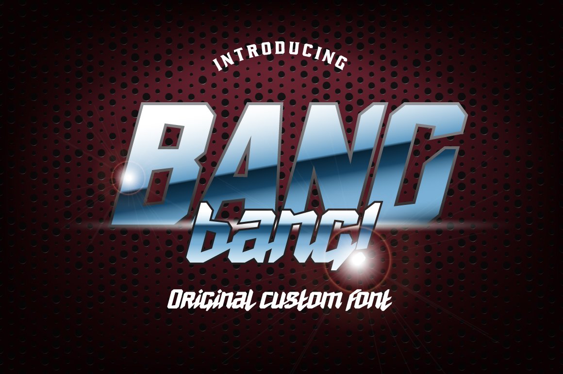 Gradient lettering "Bang Bang!" on a cherry background.