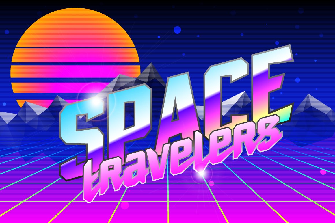 Neon lettering "Space travelers" on a space background.
